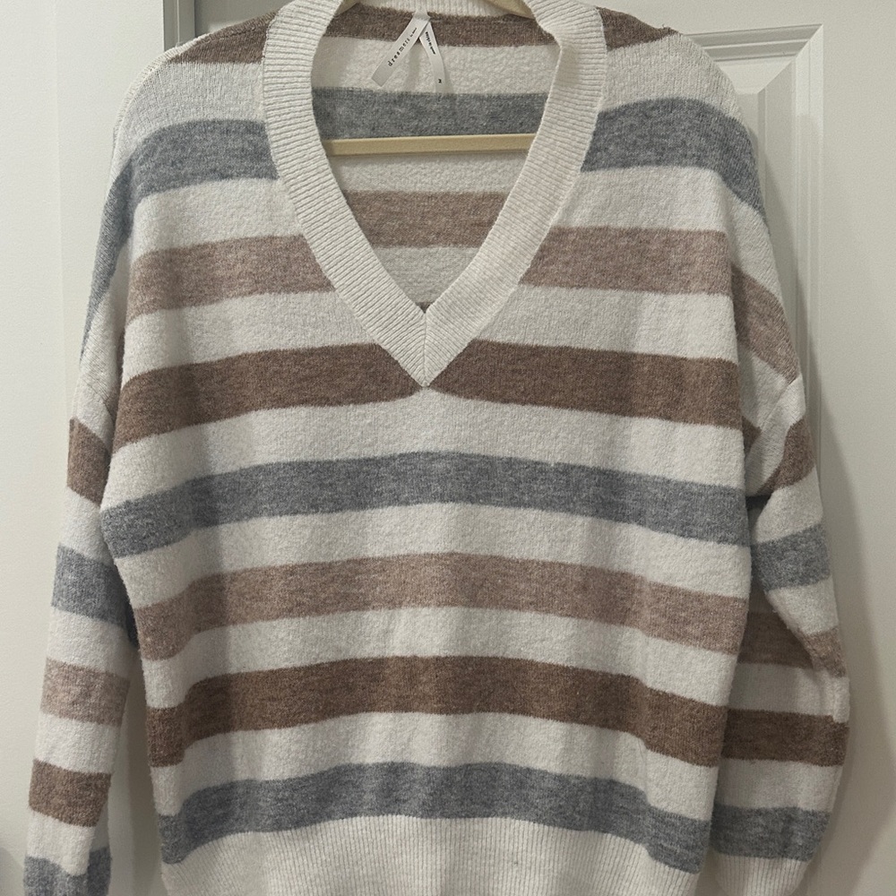 Dreamers V-Neck Sweater - Cream, Gray, Brown Stripes